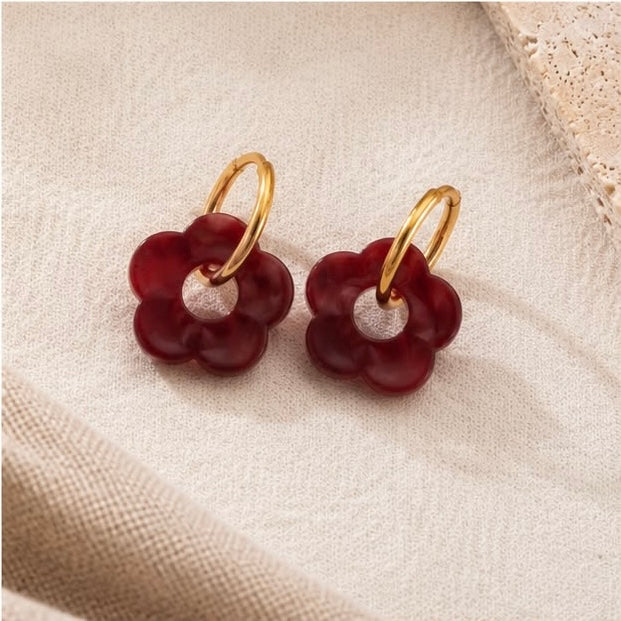 Boucles d'oreilles Fleur bordeaux en acier inoxydable doré