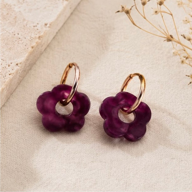 Boucles d'oreilles Fleur aubergine en acier inoxydable doré