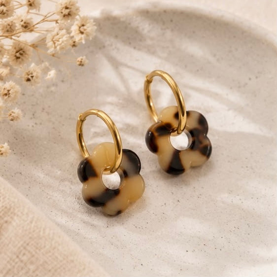 Boucles d'oreilles Fleur léopard foncé en acier inoxydable doré