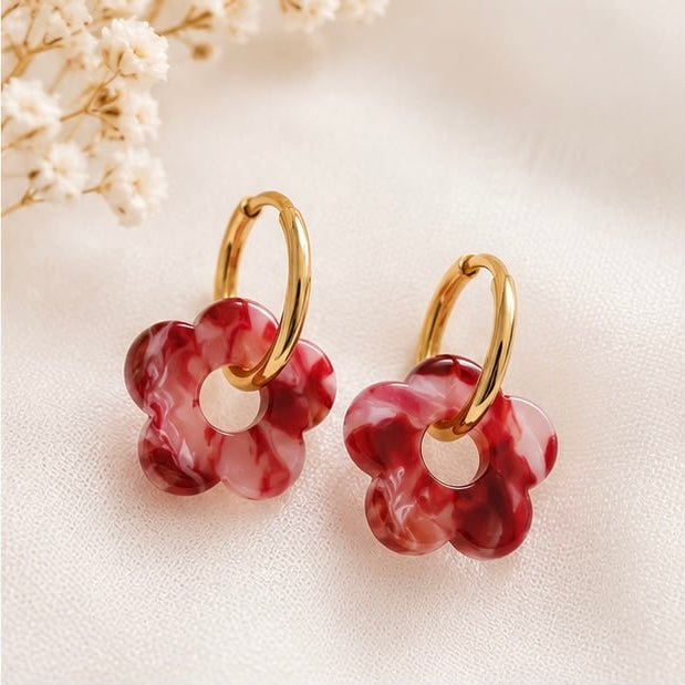 Boucles d'oreilles Fleur rouge framboise en acier inoxydable doré