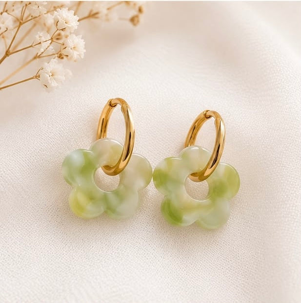 Boucles d'oreilles Fleur vert clair en acier inoxydable doré
