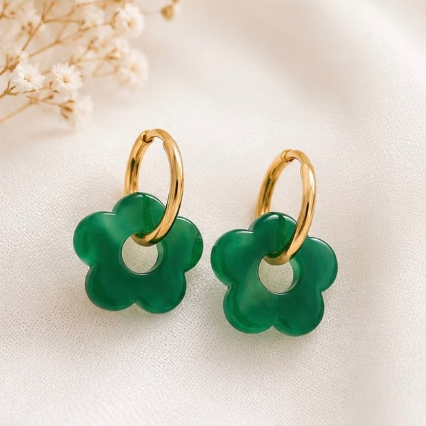 Boucles d'oreilles Fleur vert foncé en acier inoxydable doré